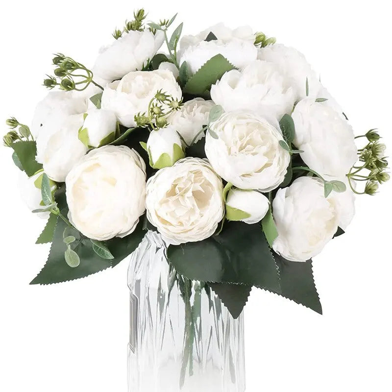 30cm Rose Weiß Pfingstrose Künstliche Blumen Bouquet 5 Big Head und 4 Knospe