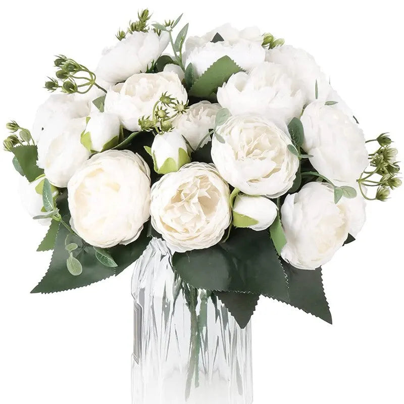 30cm Rose White Peony Artificial Flowers Bouquet 5 Big Head and 4 Bud