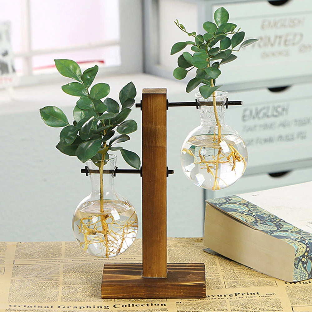 Creative Glass Desktop Planter Bulb Vase Wooden Stand