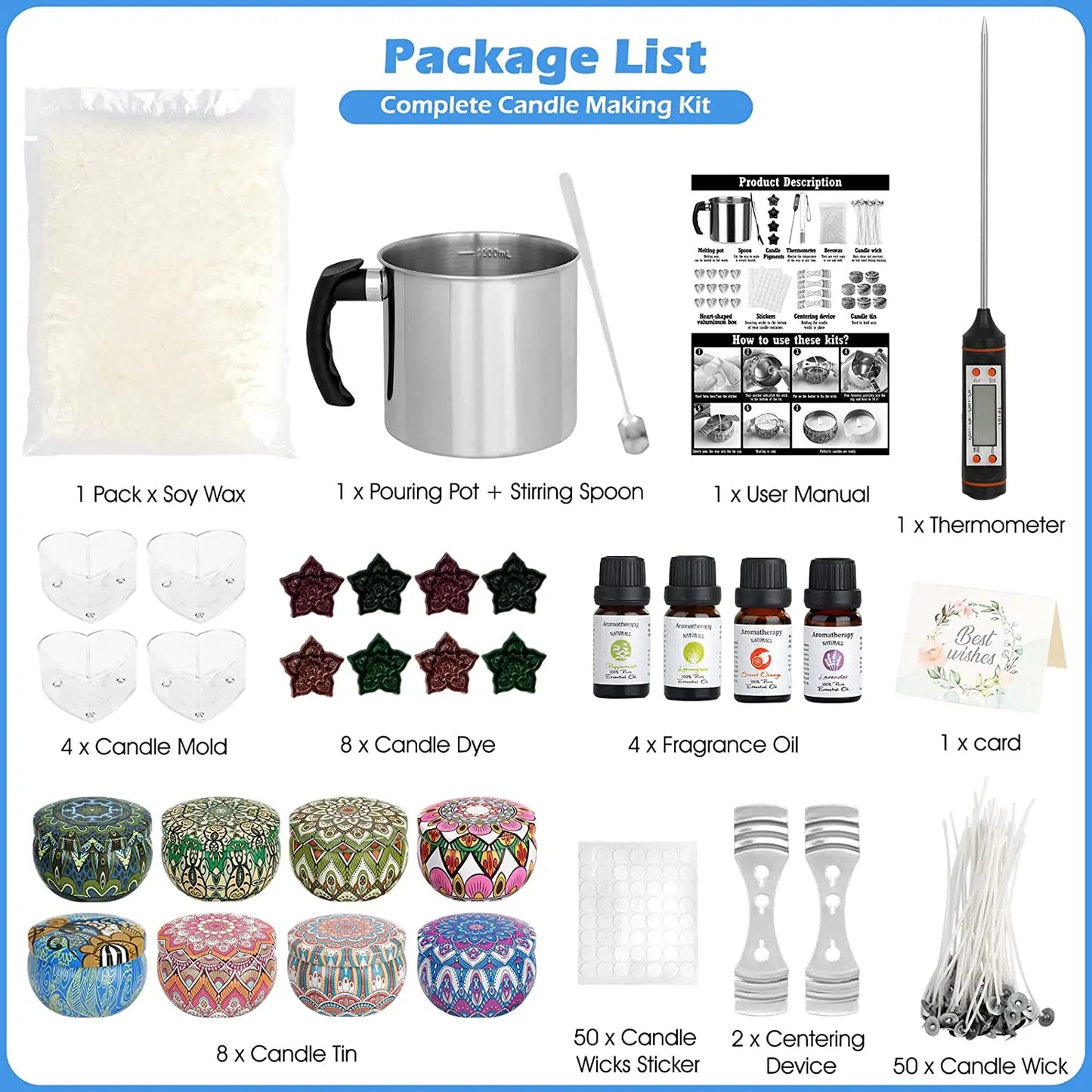 Candle Making Supplies, Soy Wax DIY Candle Making Kits for Adults Kids Beginners, 1.3L Wax Melter Soy Wax Christmas Gifts