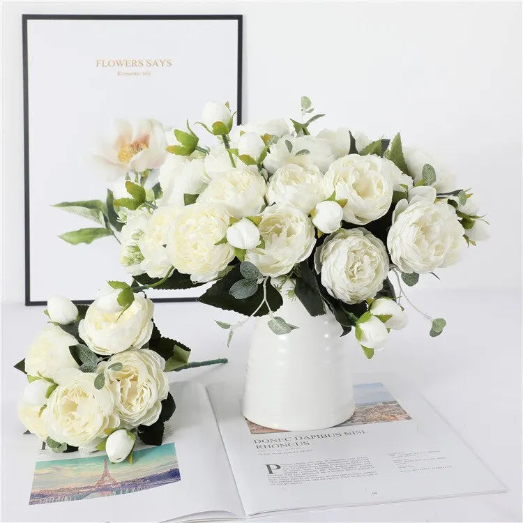 30cm Rose White Peony Artificial Flowers Bouquet 5 Big Head and 4 Bud