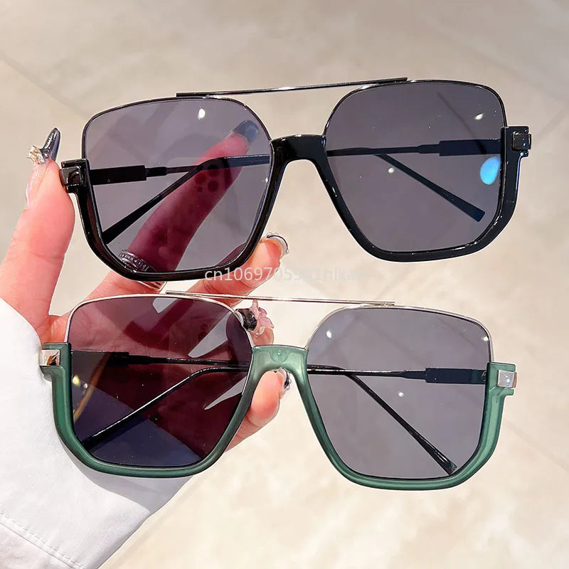 Mode Vintage große quadratische Sonnenbrille halbe Metallrahmen UV400