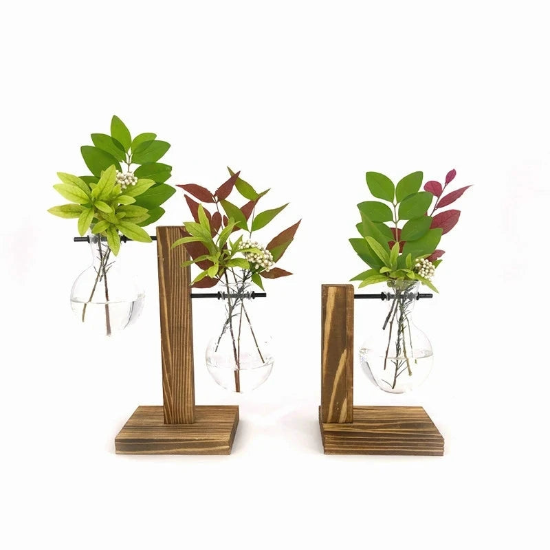 Terrarium Hydroponic Plant Vases Vintage Flowerpot Transparent Vase Wooden Frame Glass