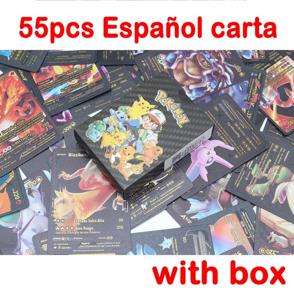 54 Pcs Spanish Pokemon Metal Gold Card Box Vmax Gx Collection Game Card Case Toy