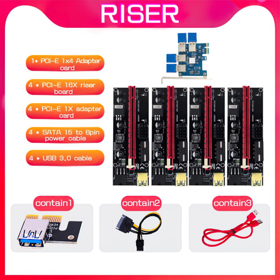 4 adaptateurs PCI-E 1x-16x Riser 009S pour BTC Bitcoin Miner