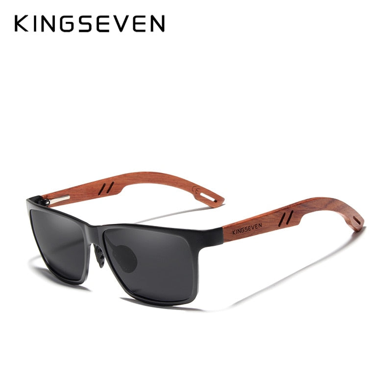 KINGSEVEN Lunettes de soleil en bois de bubinga faites à la main + aluminium pour hommes polarisées carrées UV400