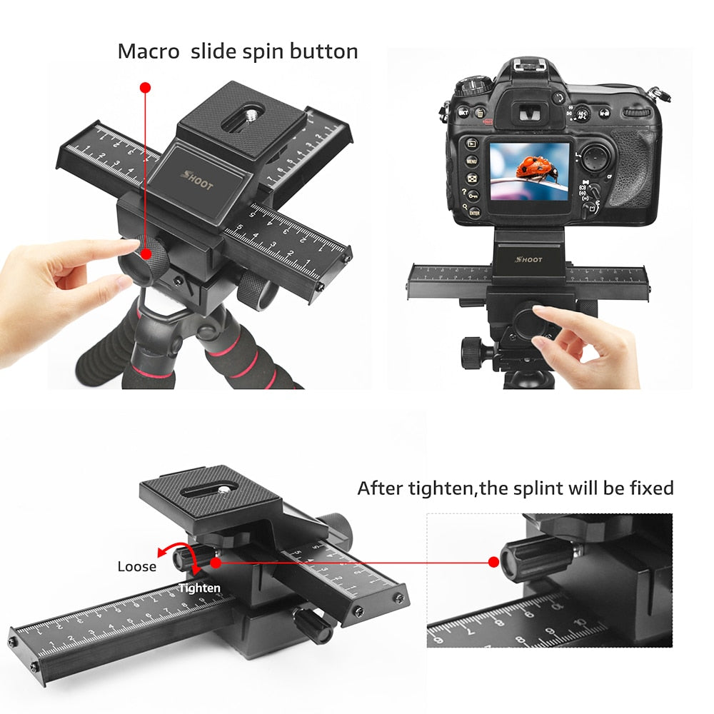 SHOOT-4-Way-Macro-Focusing-Rail-Slider-for-Canon-Sony-Nikon-Pentax-Close-Up-Shooting-Tripod-Head-with-1/4-Screw-for-DSLR-Camera