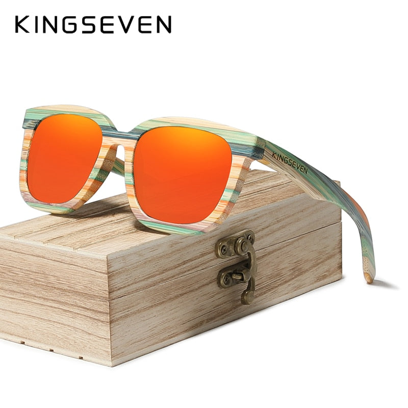 KINGSEVEN Retro Bambus Sonnenbrille Polarisiert UV400 Vollrahmen Holz