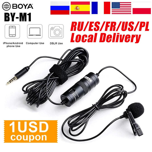 BOYA-BY-M1-3.5mm-Audio-Video-Record-Lavalier-Lapel-Microphone-Recording-microphone-Clip-On-Mic-for-iPhone-Android-Smartphone-PC
